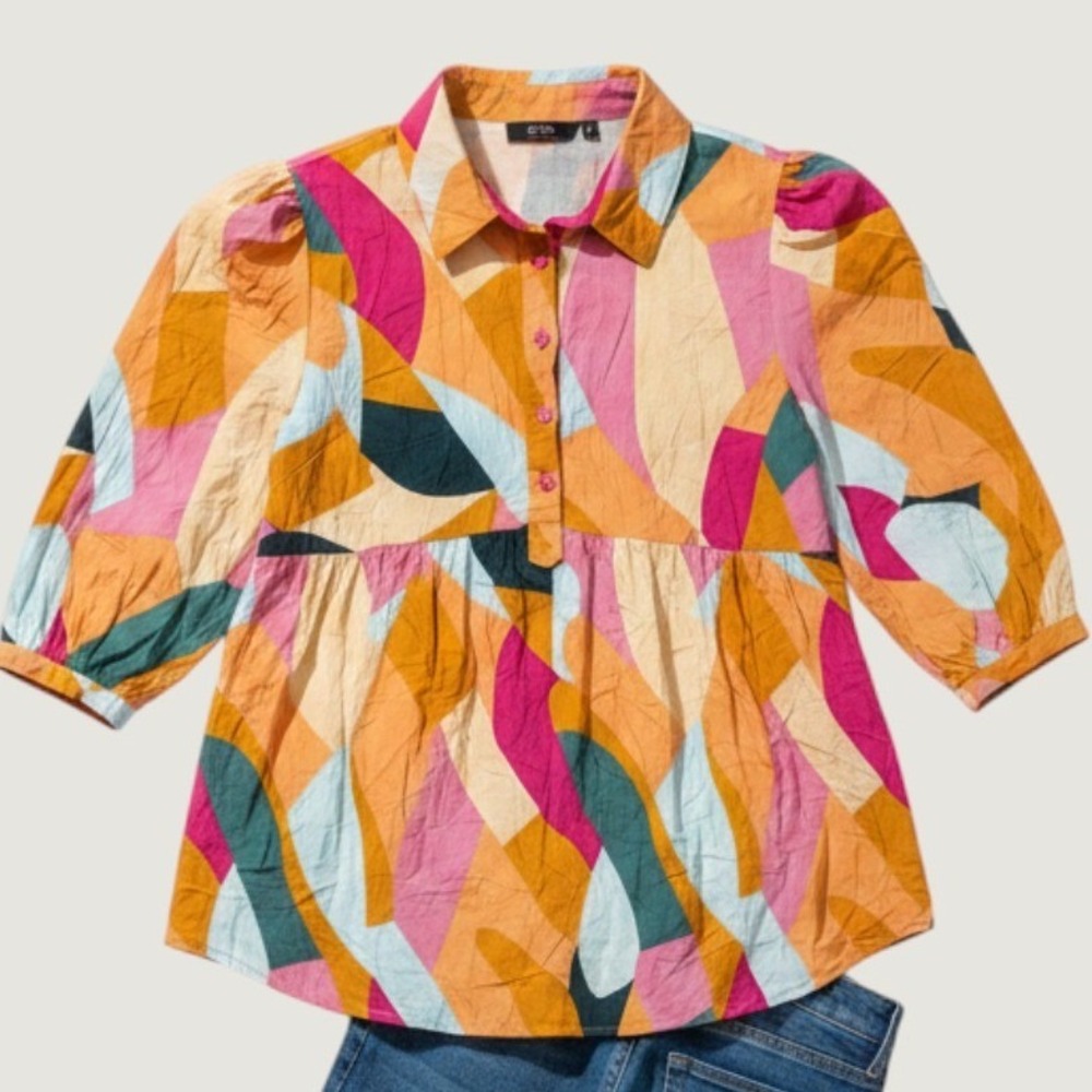 Umgee Abstract Geometric Blouse Womens Medium‎ Multi-Color Babydoll Peplum Top